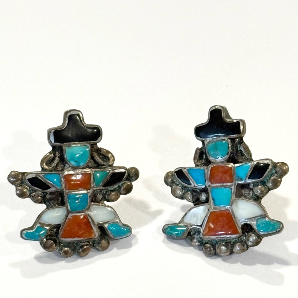 Native American Turquoise Coral Onyx Inlay Sterling Silver Kachina Earrings